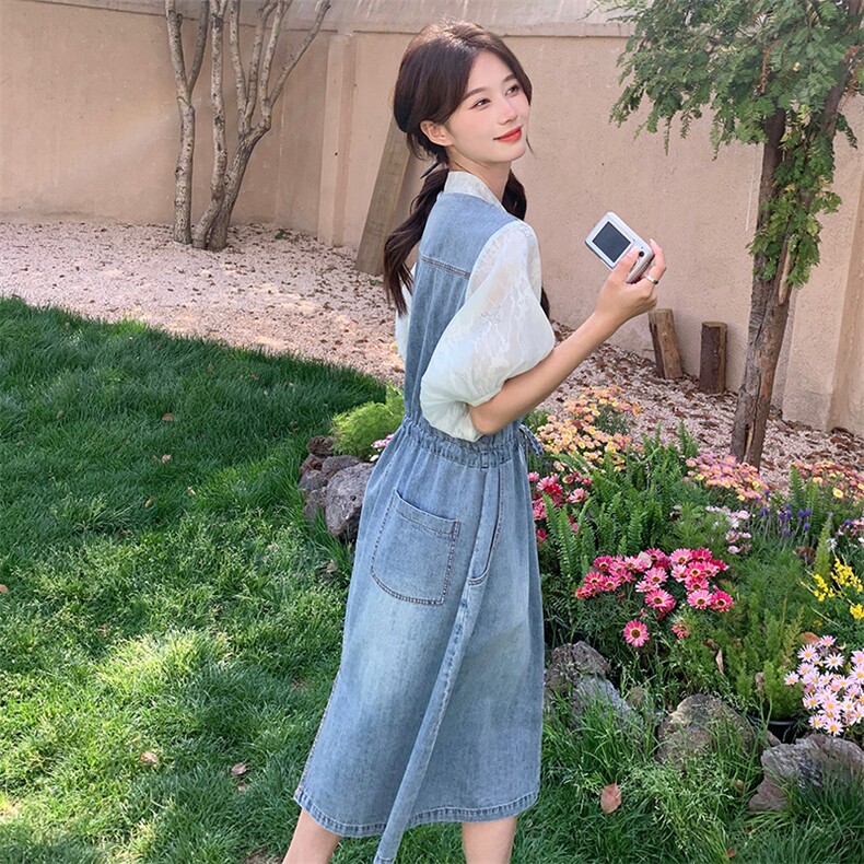 夏季甜美牛仔拼接中长款连衣裙女显瘦修身气质淑女风,女装连衣裙,秋水欣儿