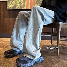 XZ616秋季新款刺绣毛边闪电十字架休闲牛仔裤TY1076特P65控78，男装牛仔裤，星座512A（原616）