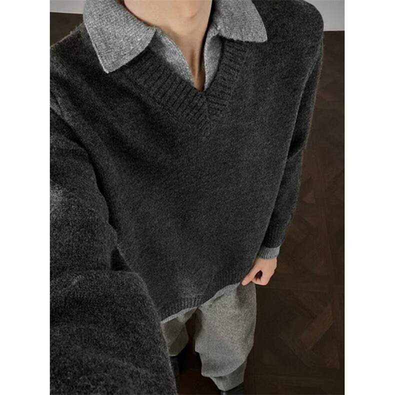 假两件v领毛衣男款冬季翻领老钱风针织衫上衣慵懒风外套MY5012，男装针织衫/毛衣，星座1116A（原606A-3）