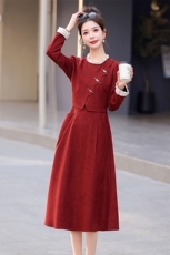 红色新中式假两件连衣裙女2025春秋新款正式场合气质订婚长裙，女装连衣裙，蓝诺裳