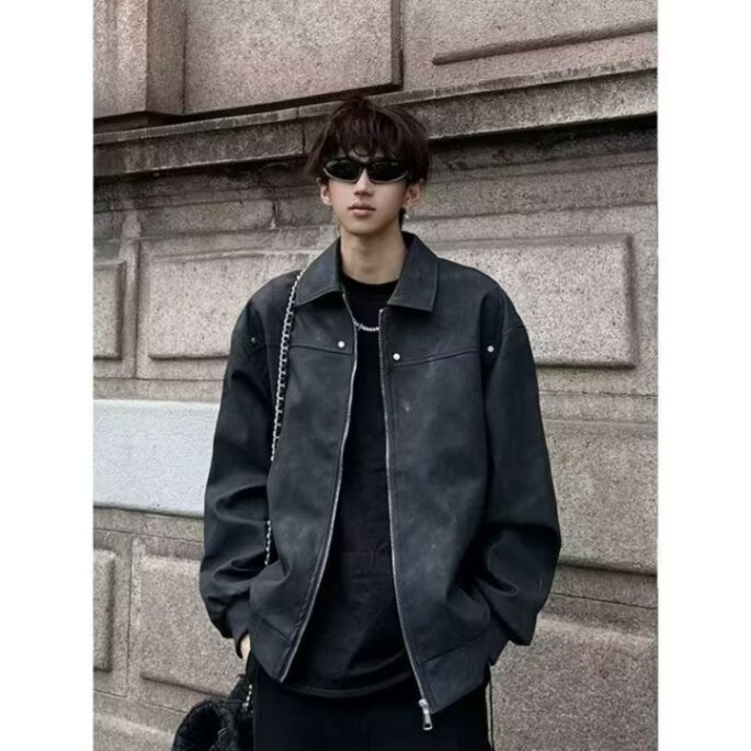 美拉德美式复古cleanfit外套男款春秋季猎装皮夹克短款垫肩机车服图片