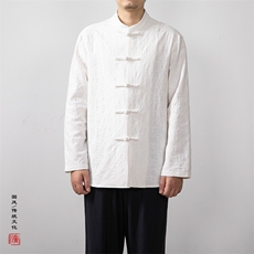 秋冬新款风男装棉麻提花立领盘扣新中式唐装衬衫C228P85，男装衬衫，钱塘802