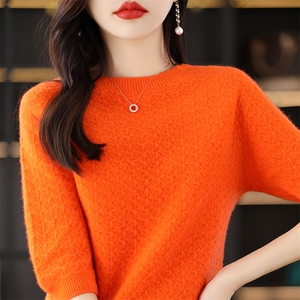 圆领镂空套头短袖针织衫女2024夏秋新款薄款短款羊毛衫图片