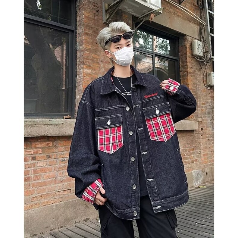 常规款翻领格子口袋拼接牛仔外套情侣宽松型春秋外穿潮，男装工装外套，星座716-4