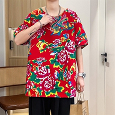 HT203夏男休闲东北大花民族风牡丹花圆领短袖T恤青少年大码男女潮，男装T恤，星座115A(原星座507）