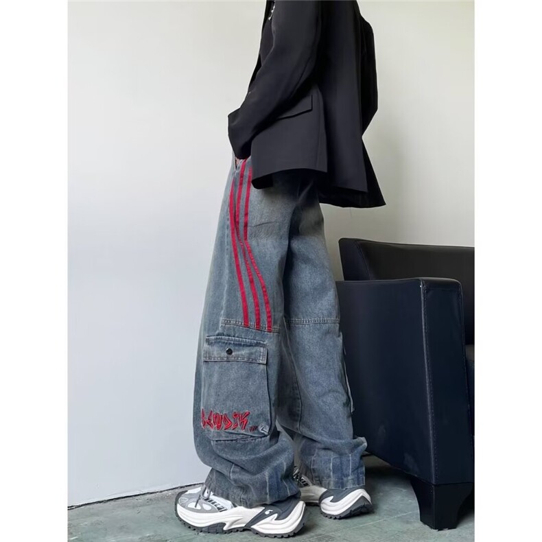 高街牛仔裤男女韩版潮流痞帅口袋条纹拼色2024秋冬长裤RK2176-P59图片