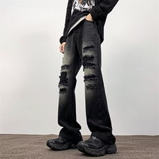 美式vibe裤子男款夏高街微喇黑色休闲牛仔裤男001-310B-1-P55，男装牛仔裤，星座310B-1