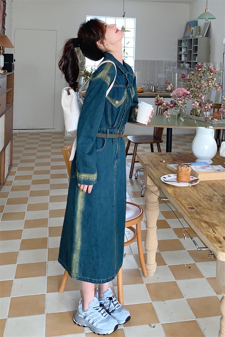 拼接牛仔连衣裙女2024春季新款小个子修身裙子衬衫裙,女装连衣裙,点滴