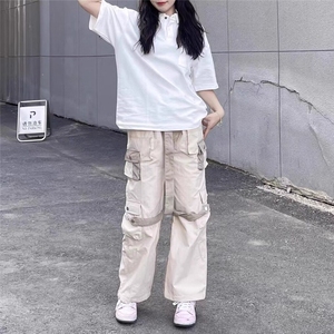 美式潮牌工装裤女宽松炸街阔腿直筒裤绑带街舞嘻哈工装休闲裤图片