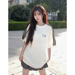 抖音得物高品质二开240克宽松纯棉美式潮牌三条杠织带短袖T恤图片