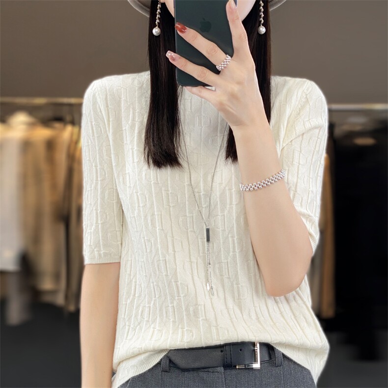 春夏薄款半高领五分袖针织衫女新款提花宽松中袖毛衣短袖打底T恤,针织衫/毛衣,大美人包芯纱店
