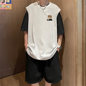 直播品质 美式宽松纯棉背心无袖t恤短裤大码两件套套装 TZ79-P58图片