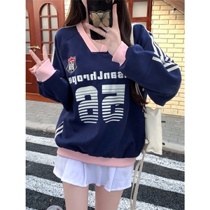 EE183-P60 美式复古刺绣V领球衣卫衣运动街头情侣套头三条杠上衣图片