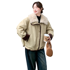 韩系复古羊羔毛大翻领派克服女冬季宽松保暖外套卡其色加厚羽绒服，女装羽绒服，2C166