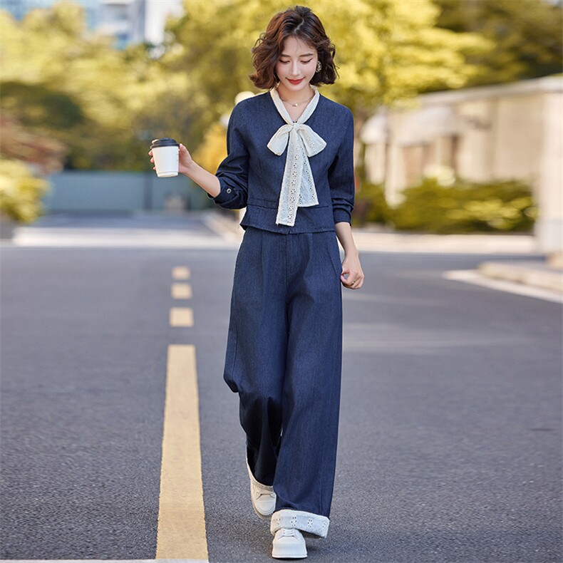 早秋穿搭一整套蝴蝶结牛仔套装女2024新款高腰小香风阔腿裤两件套,女装套装/套裙,橙子家