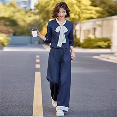 早秋穿搭一整套蝴蝶结牛仔套装女2024新款高腰小香风阔腿裤两件套，女装套装/套裙，橙子家