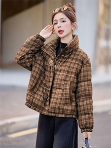 2025冬新款格纹立领短款白鸭绒羽绒服女图片