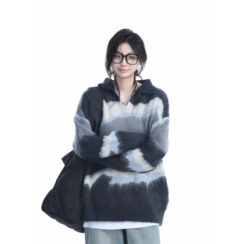 美式撞色条纹毛衣男女秋冬新款慵懒风彷貂polo领针织衫MZ931-P56,男装针织衫/毛衣,星座412-3
