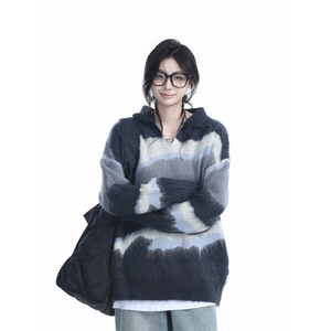 美式撞色条纹毛衣男女秋冬新款慵懒风彷貂polo领针织衫MZ931-P56图片