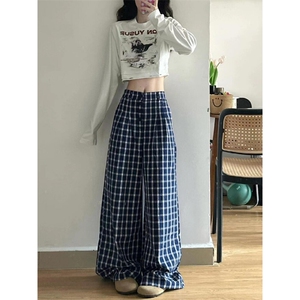 AK2481-P50慵懒松弛感穿搭设计感小众翻腰蓝色格子裤女图片