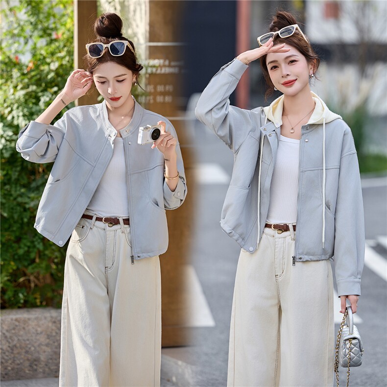 短外套女2026春秋新款时尚洋气减龄妈妈高级感连帽可脱卸夹克上衣，女装皮衣，潮流依族