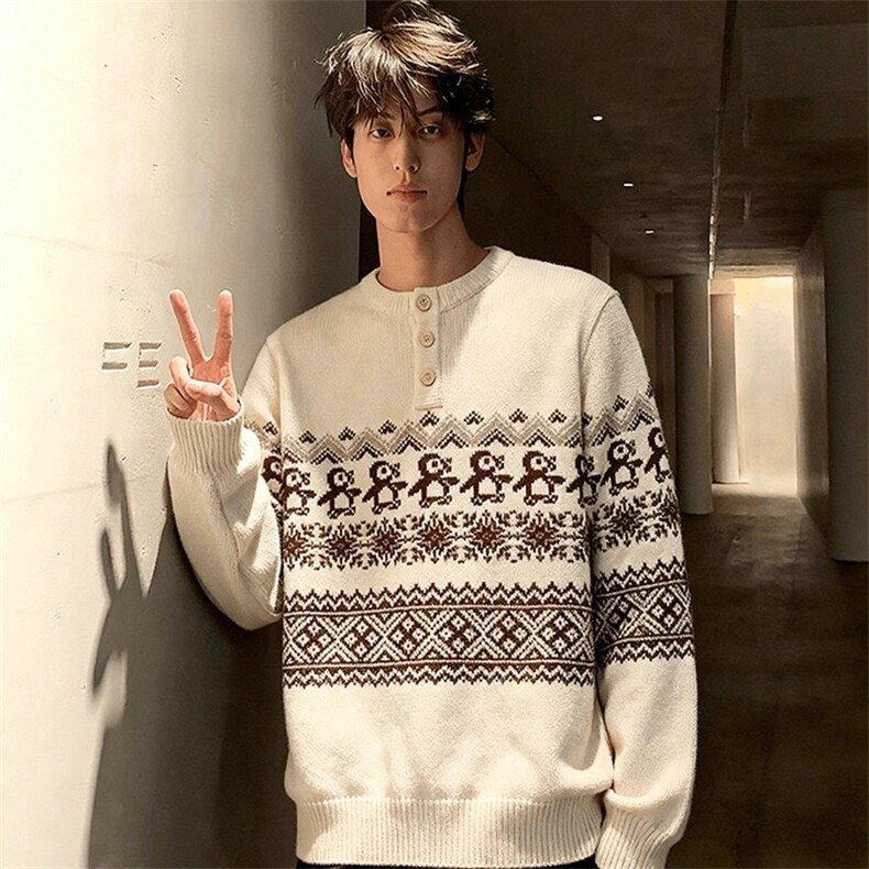 重磅秋冬装北极绒套头毛衣美式复古休闲慵懒风提花工艺针织衫外套，男装针织衫/毛衣，电商A486