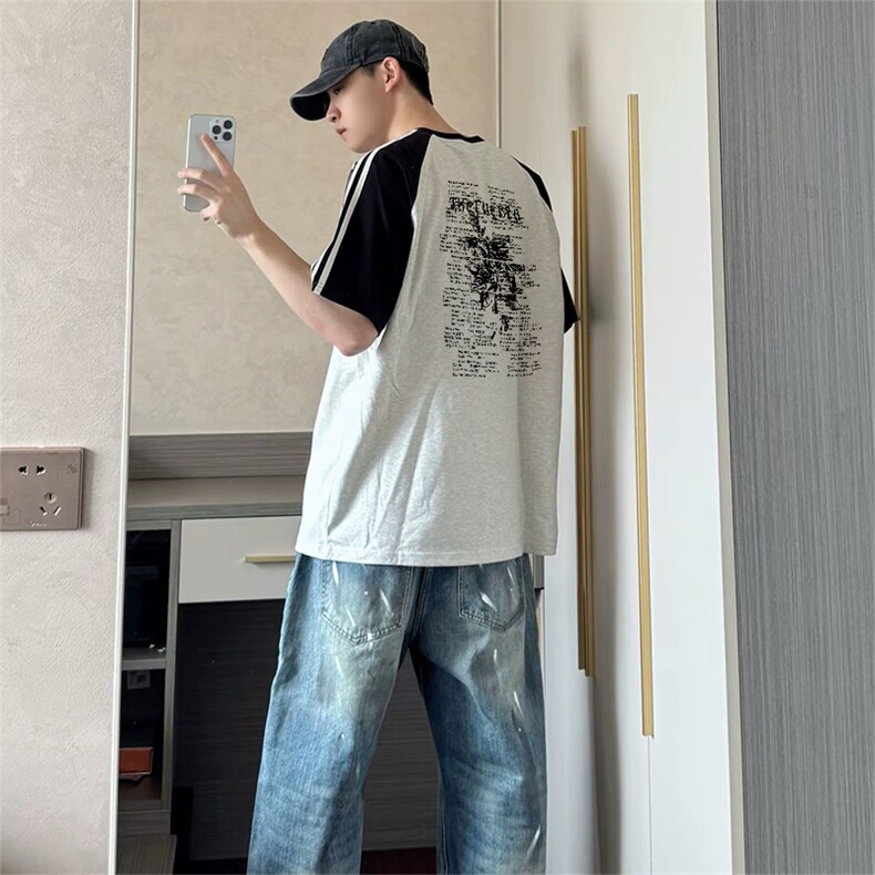 抖音得物品质二开240克宽松纯棉美式潮牌插肩三杠织带短袖T恤图片