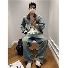 25春装美式复古撞色拼接水洗蓝做旧牛仔夹克宽松休闲外套jkk04p75，男装工装外套，电商D256-2(原A064-2)