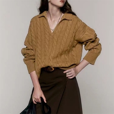 时尚麻花polo领女士羊毛衫羊毛宽松显瘦温暖舒适，女装羊毛衫，旭驰羊绒