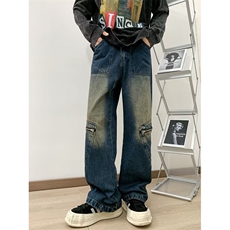 美式高街做旧牛仔长裤潮流复古水洗宽松微喇叭长裤男女7004/P50，男装休闲裤，星座506