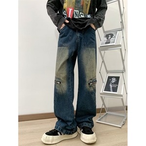 美式高街做旧牛仔长裤潮流复古水洗宽松微喇叭长裤男女7004/P50图片