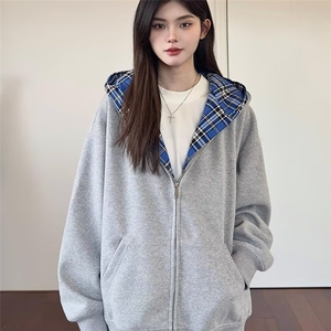 2025美式假两件连帽格子卫衣开衫男女宽松秋外套宽松型潮春秋冬图片