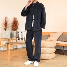 风厚款套装长袖立领盘扣男士纯色套装两件套秋DSA008-TZ2526，男装休闲套装，电商A008