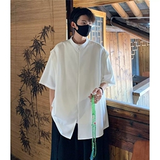 夏季2025新款新中式设计感纯色立领短袖衬衫男风唐潮衬衣外套，男装衬衫，星座506A