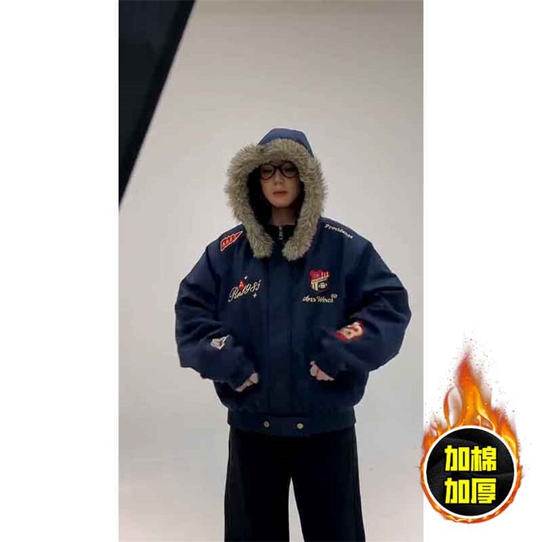 现货高品质美式高街重磅刺绣座山雕大毛毛领棉衣男女加厚棉服外套，男装棉衣，电商A443