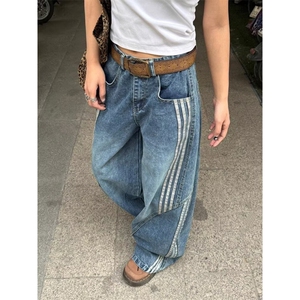 美式复古水洗解构弯刀牛仔裤女高街条纹拼接宽松显瘦休闲阔腿裤子图片