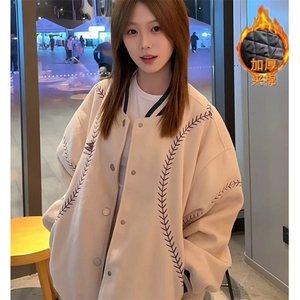 慵懒风旗帜刺绣加厚夹棉外套男女秋冬痞帅宽松运动夹克JM667,秋装千鸟格马甲外套搭配图片