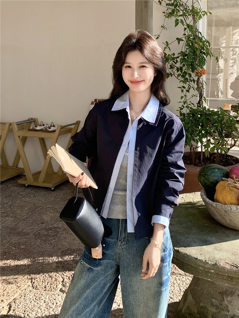 蓝色撞色衬衫领短款夹克外套女2026春秋新款韩系时髦减龄夹克显白,女装短外套,艾米莉亚