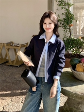 蓝色撞色衬衫领短款夹克外套女2026春秋新款韩系时髦减龄夹克显白，女装短外套，艾米莉亚