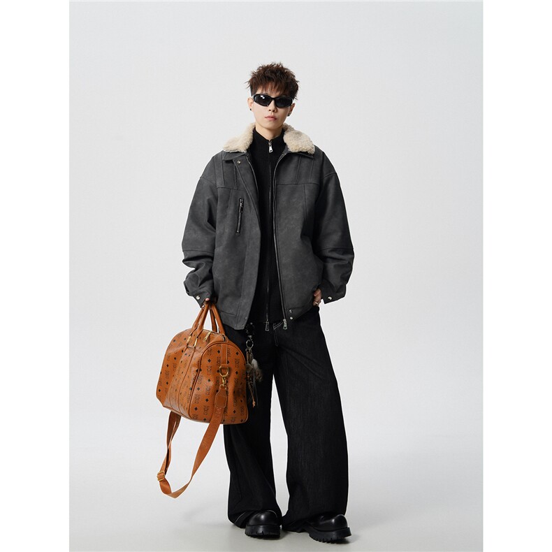 复古可脱卸羊羔毛领大码M-5XL面层PU皮棉衣男77933P138控198，男装棉衣，星座227-7