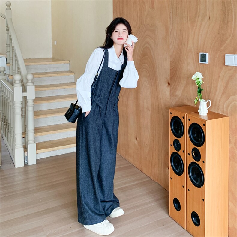 超好看学院风藏青色工装背带裤女春秋2025新款洋气减龄阔腿长裤子,女装休闲裤,2C158