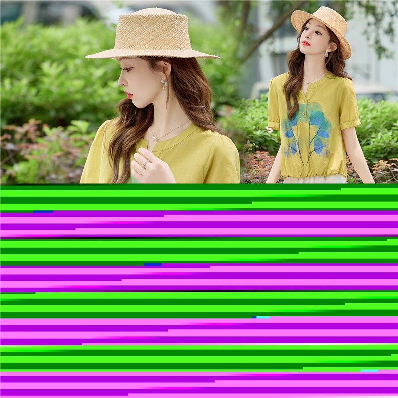 文艺气质休闲减龄套装女2025夏新款时尚印花短袖衬衫阔腿裤两件套,女装套装/套裙,依万里