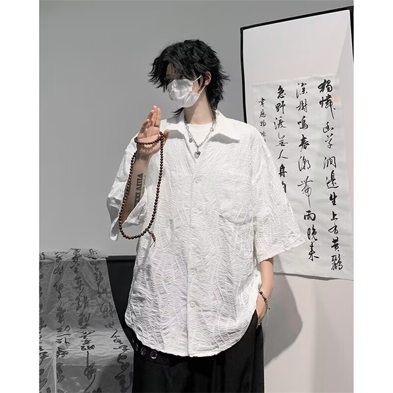 提花衬衫短袖男士夏季薄款纯色休闲潮牌五分衬衣服夏天CS22P40,男装衬衫,星座410-2