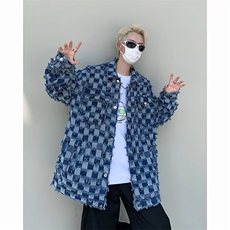 美式棋盘格牛仔外套男女炸街潮宽松休闲痞帅长袖毛边夹克衫W028，男装夹克，星座1116A-1（原606A）