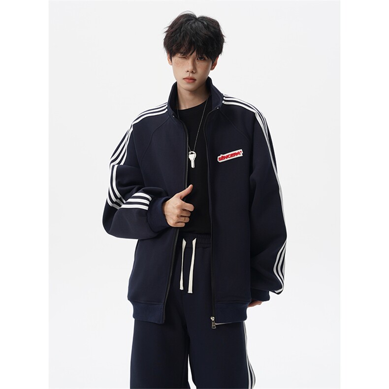 8XL-M条纹撞色开衫新年红卫衣运动套装潮牌运动服校园风TZ114P118图片
