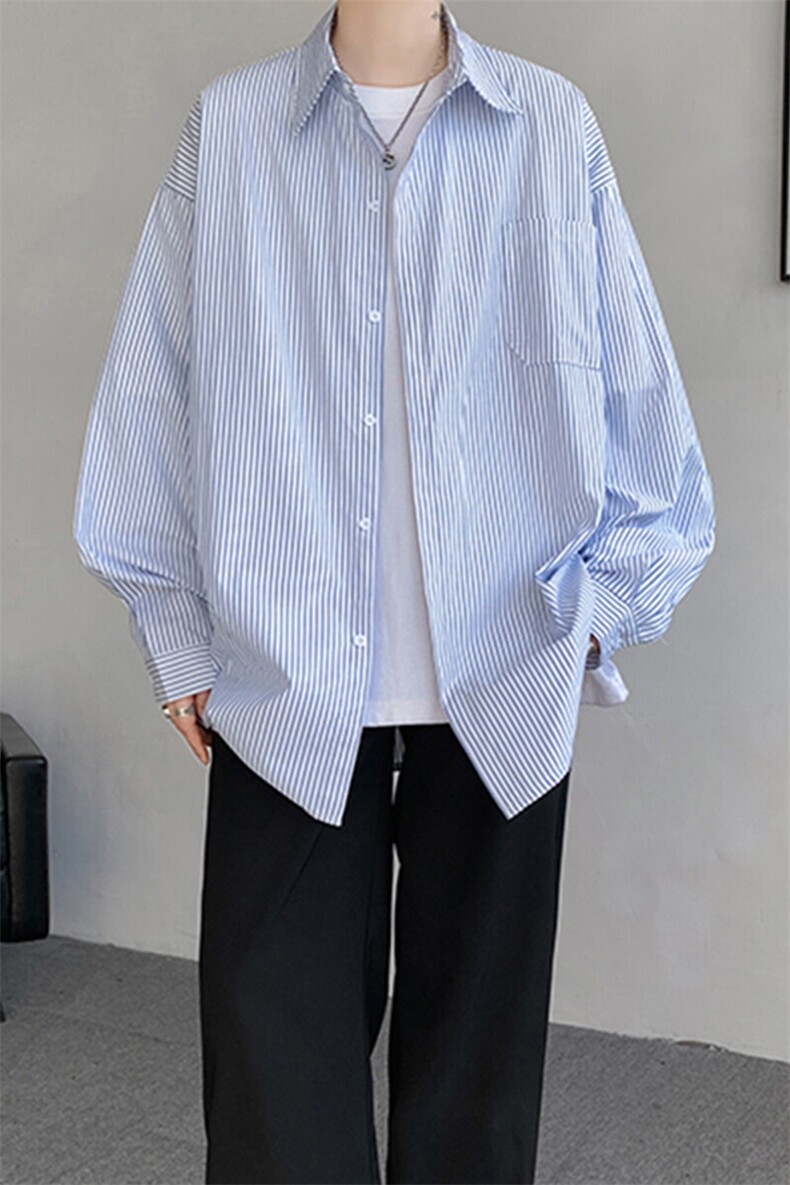 春夏条纹衬衫男长袖薄款痞帅高级感宽松慵懒风大码衬衣CS29003P45,男装衬衫,电商B312