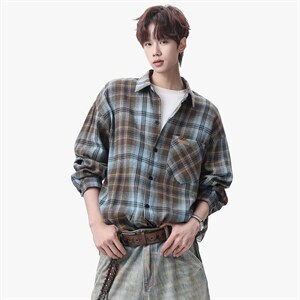 衬衫男春季新款港风宽松大码磨毛格子长袖衬衣CS618-P35，男装衬衫，星座214-3
