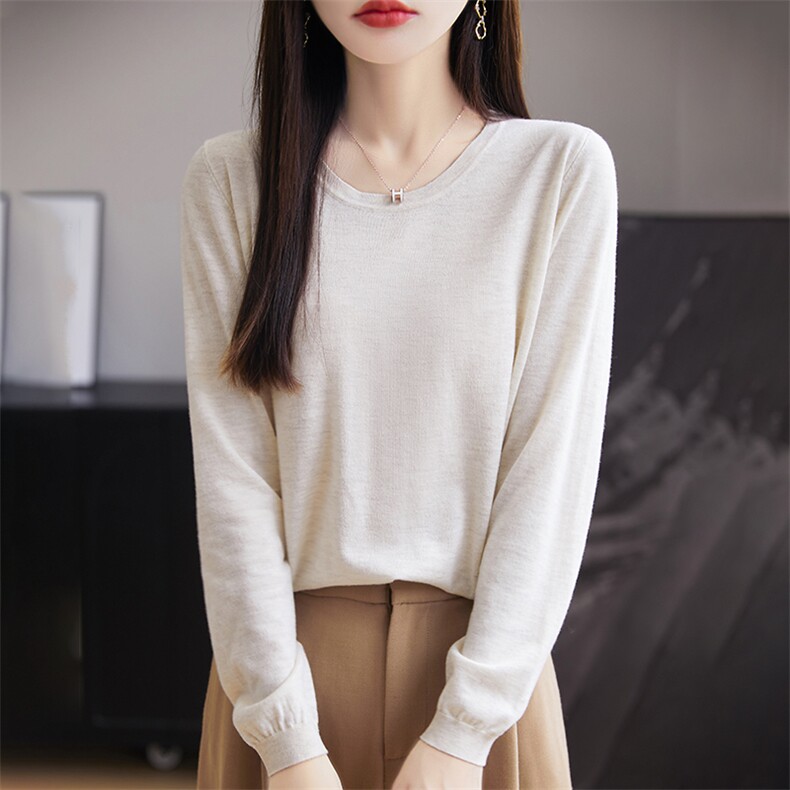 圆领长袖羊毛衫女薄款套头毛衣内搭打底针织衫上衣,女装羊毛衫,朝思羊绒