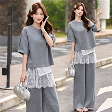 2026年夏季新款休闲圆领T屁帘阔腿裤三件套装，女装套装/套裙，艾仟回(原伊仟回)