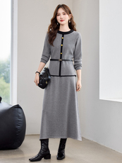 现货！秋季新款休闲简约百搭立体条纹撞色款圆领洋气两件套裙女，女装套装/套裙，宝儿家